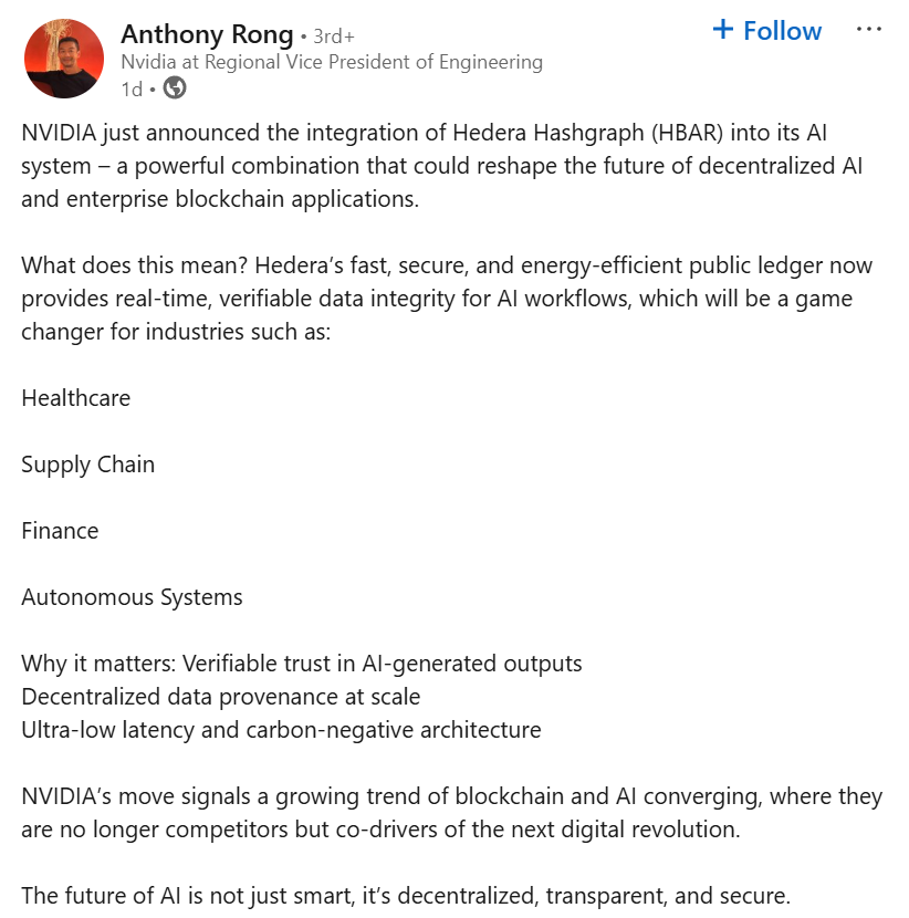 Hedera Soars 18% on Nvidia AI Integration and Growing Institutional Interest image 1