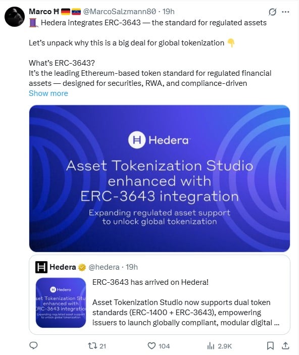 Hedera Integrates ERC-3643 to Bridge Real-World Assets With Ethereum Ecosystem image 0