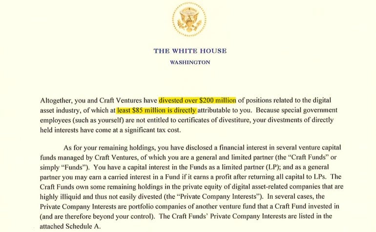 David Sacks Sold $200 Million in Crypto Before White House Role image 0