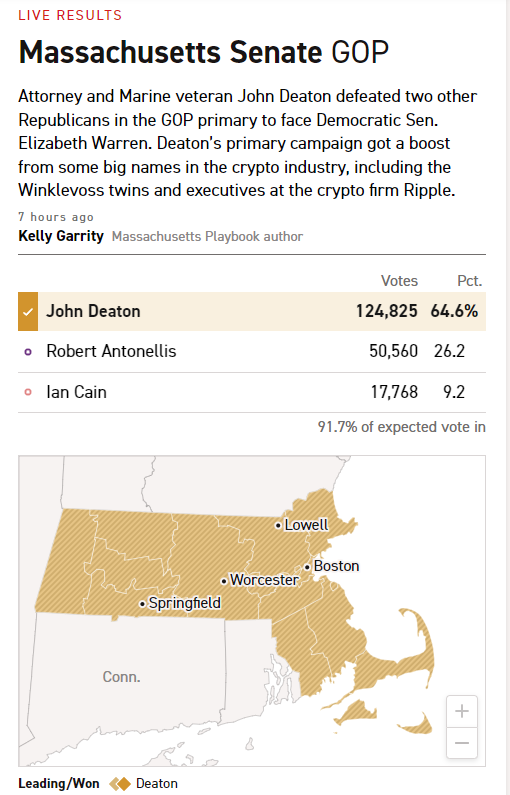 Pro-crypto advocate John Deaton secures Republican nomination for Massachusetts Senate image 0