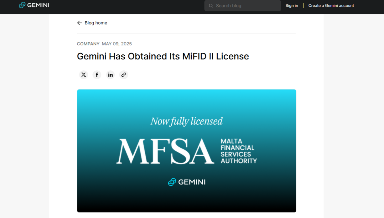Gemini Bags Malta MiFID License, Eyes EU-Wide Crypto Perps Rollout image 0