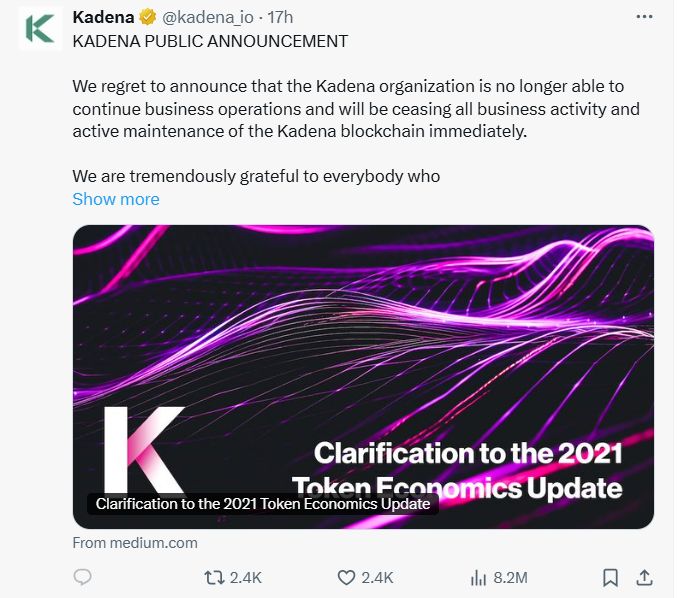 أخبار العملات الرقمية سعر Kadena ينهار بنسبة 60٪ مع انتهاء عملية البروتوكول image 0