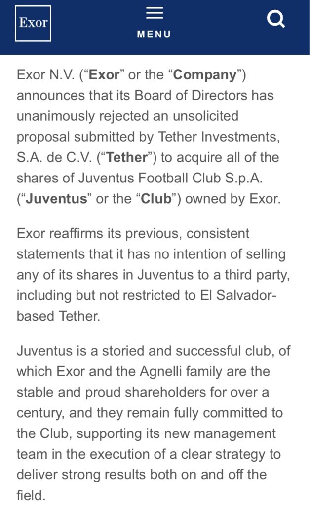 Tether vs Exor : La Juventus a dit non à l’offre record du géant crypto image 3