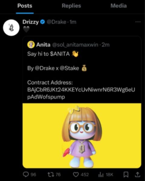 Le compte du rappeur Drake piraté pour promouvoir un faux jeton Anita image 0