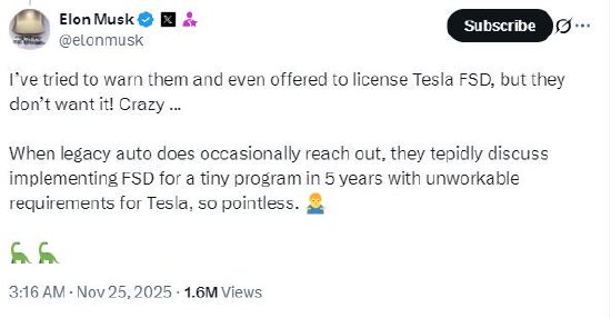马斯克吐槽传统车企不愿使用特斯拉的FSD技术：“他们不想要，简直疯了！”