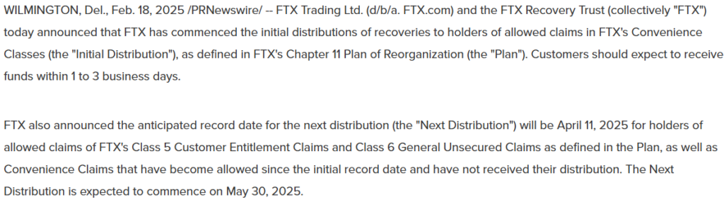 FTX Repayment Sets Next Distribution Date for Customer and Creditor Claims image 1