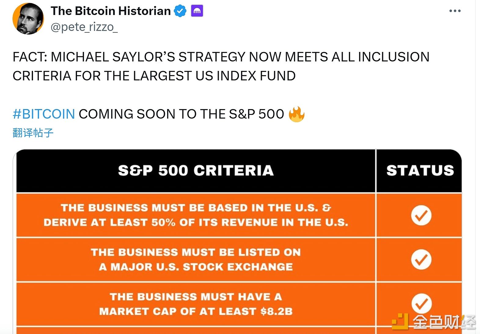 Strategy现已满足美国最大指数基金标普500指数的纳入标准