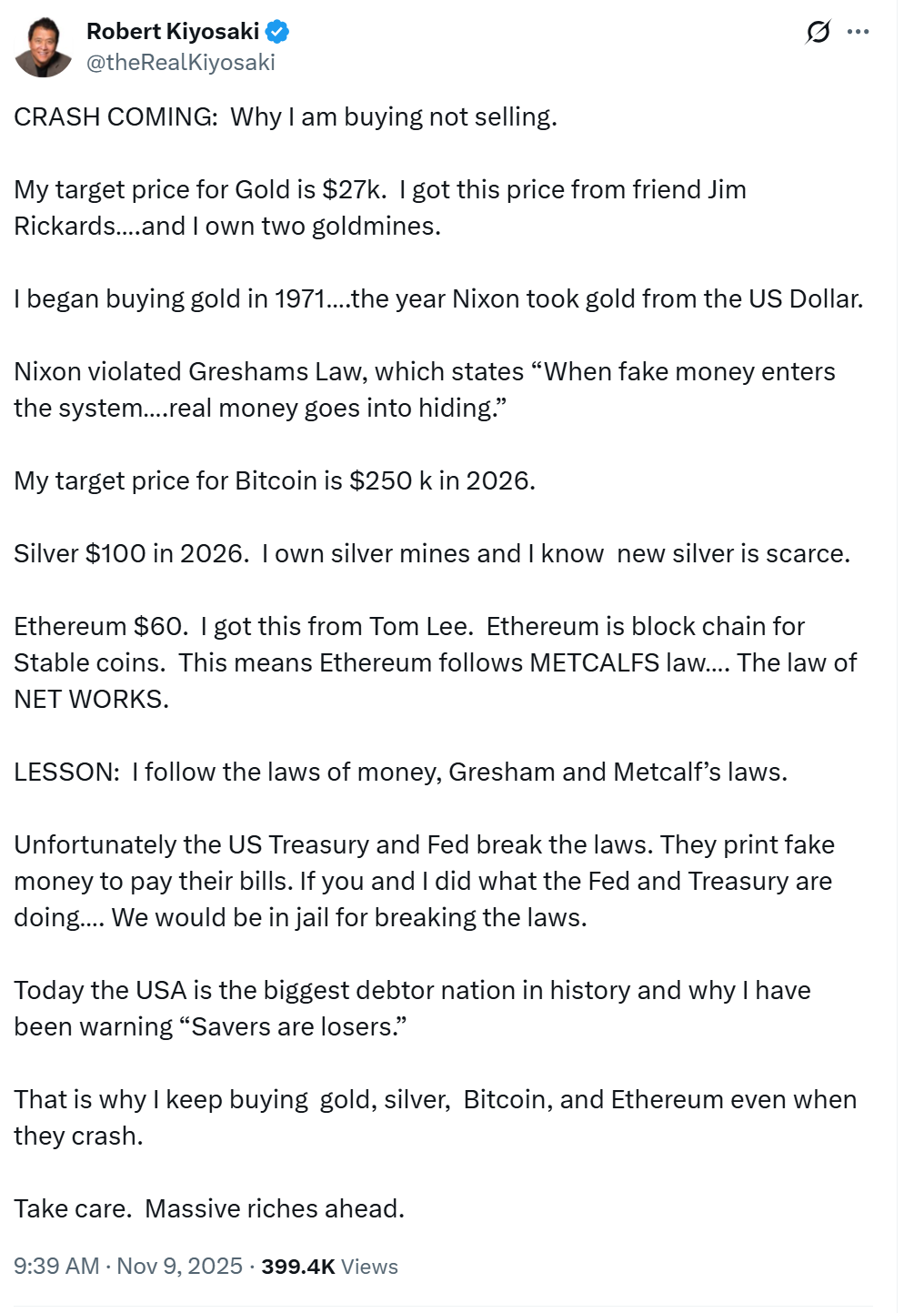 ロバート・キヨサキ氏、ビットコイン25万ドル・金2万7000ドルを目標に「買い増し」宣言 image 0