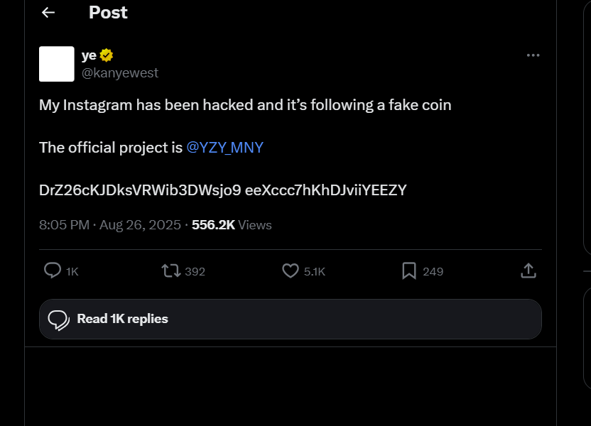 Instagram de Kanye West hackeado; sigue ahora cuenta falsa de YZY coin image 0
