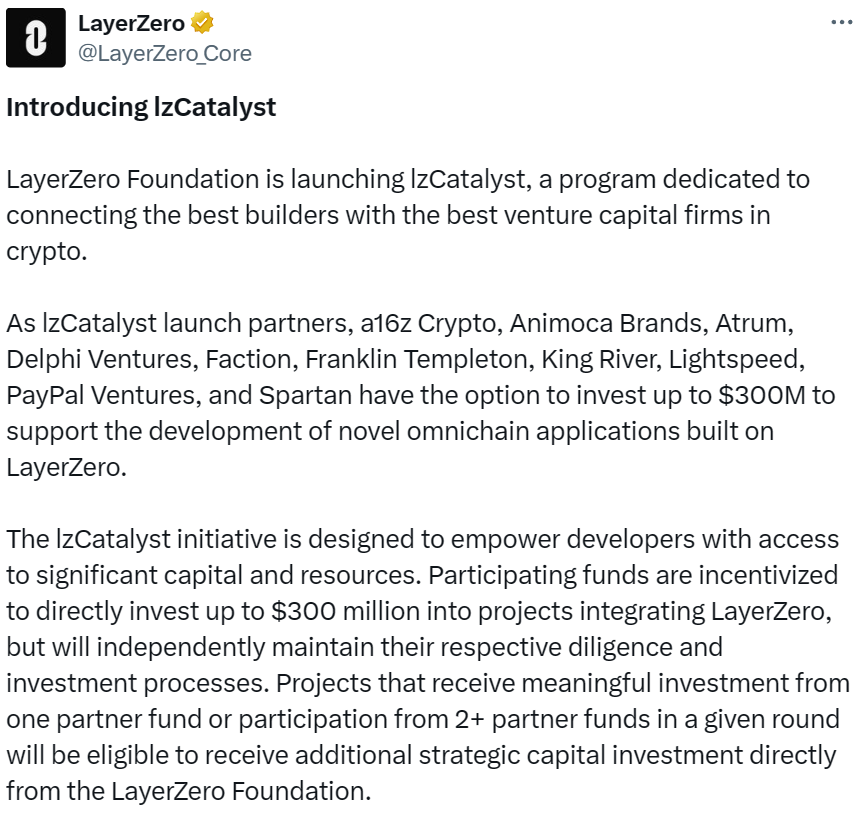 Web3 早报：LayerZero 与 a16z 等合作推出 lzCatalyst 计划、EigenLayer 宣布推出激励计划、Web3 创企 Vana 完成 500 万美元战略轮融资，Coinbase Ventures 领投 image 0