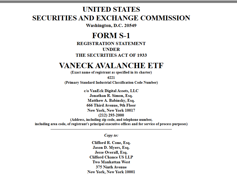 VanEck lanza el ETF Avalanche, según la SEC image 0