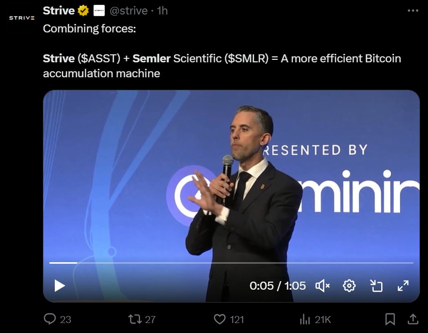 Striveの6億7500万ドルのBitcoin購入とSemlerとの合併により、10,900BTCの財務資産が誕生し、主要な企業Bitcoin保有者の一角に位置付けられる可能性 image 0