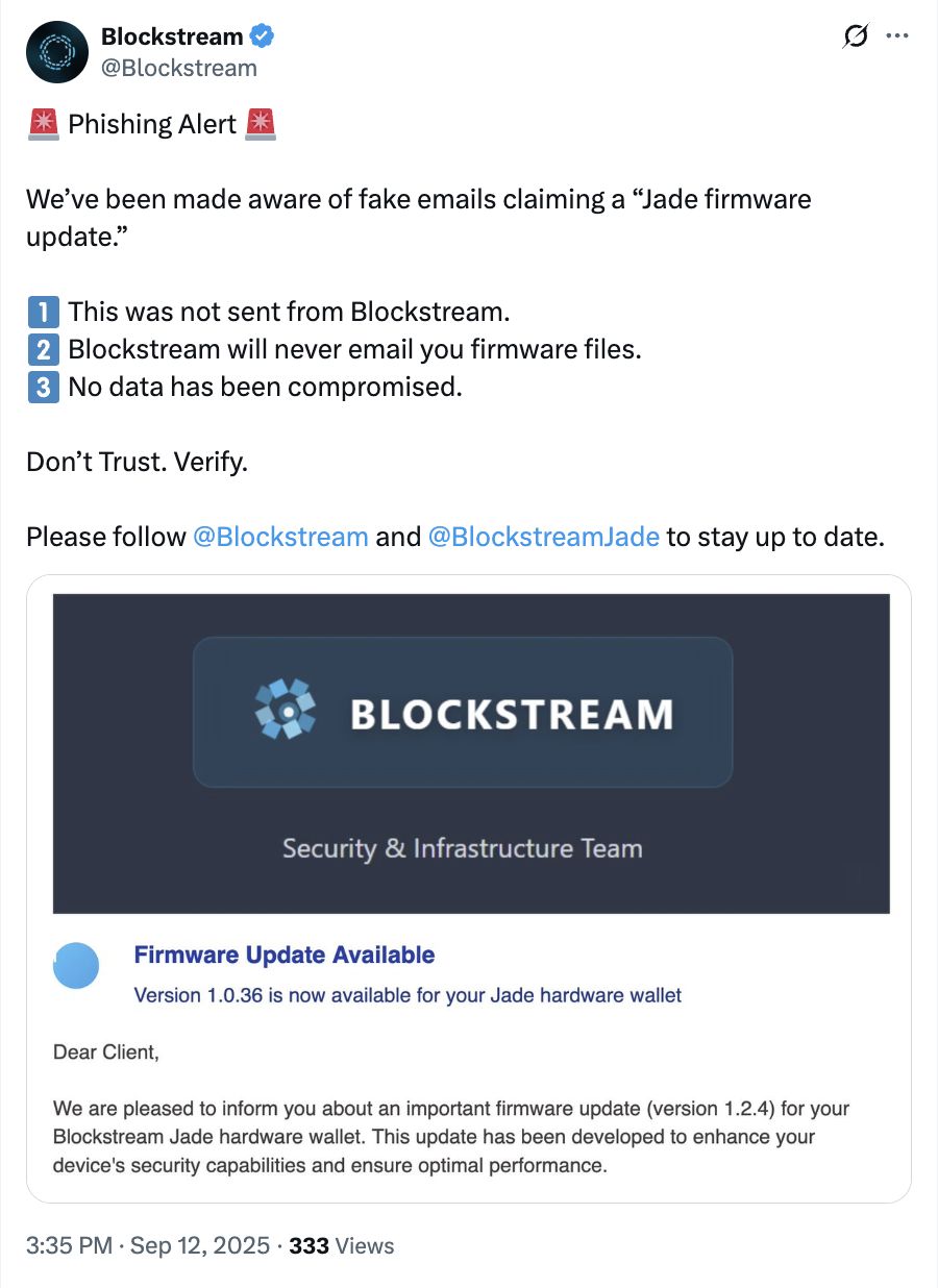 O phishing de firmware do Blockstream Jade pode visar usuários de Bitcoin com links de atualização maliciosos image 0