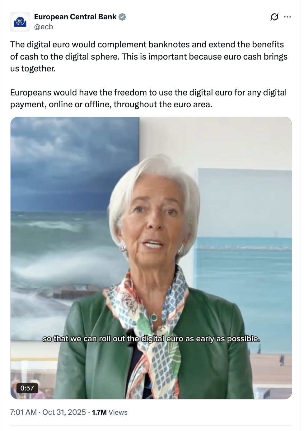 デジタルユーロCBDCは「私たちの共通の運命への信頼の象徴」である ― ECB総裁