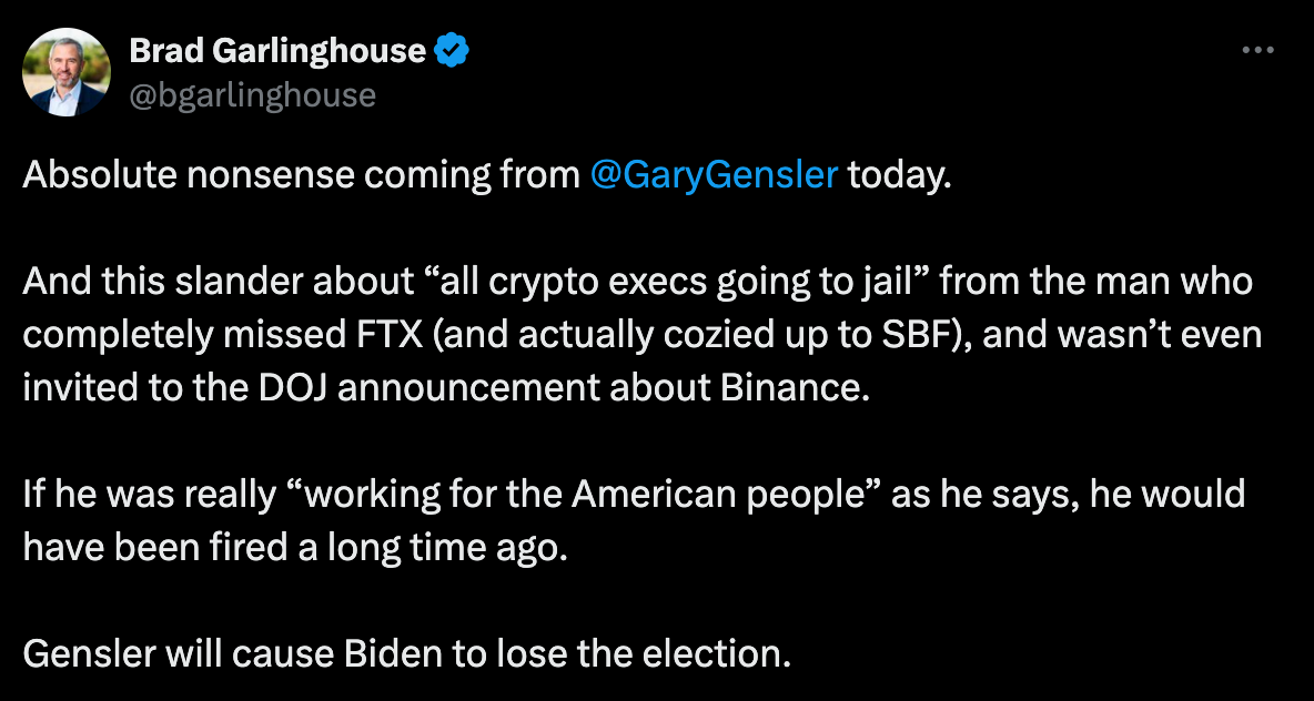 Le PDG Ripple affirme que Gary Gensler coûtera l’élection à Biden image 0