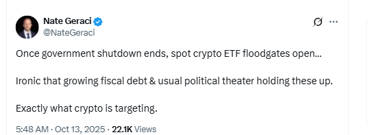 Lo stallo blocca le decisioni sugli ETF crypto mentre lo shutdown entra nella terza settimana image 1