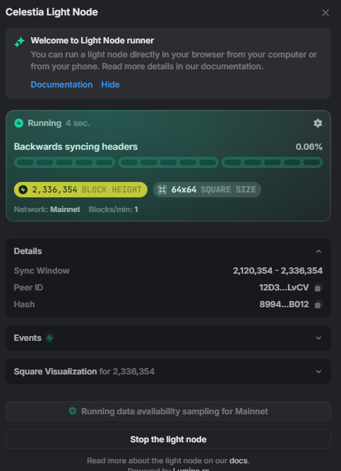 Celestia runs a light node in user’s browser when using TIA block explorer image 0