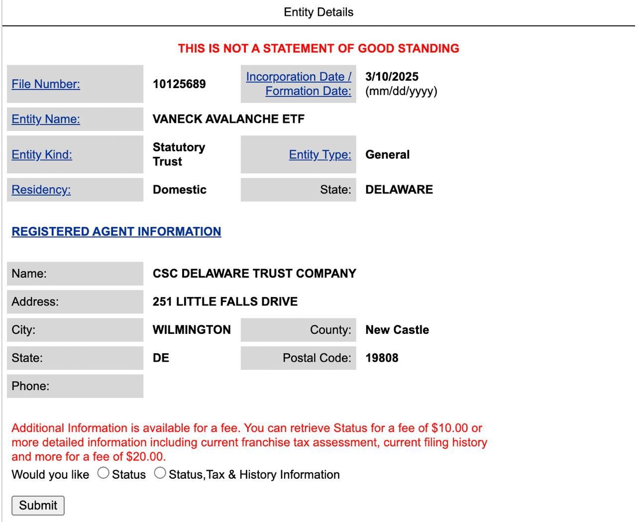 VanEck registró oficialmente el ETF de Avalanche (AVAX) en Delaware image 0