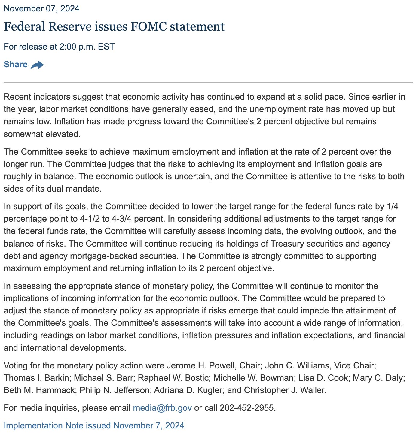 美联储声明全文：降息25个基点，无人投反对票 image 0