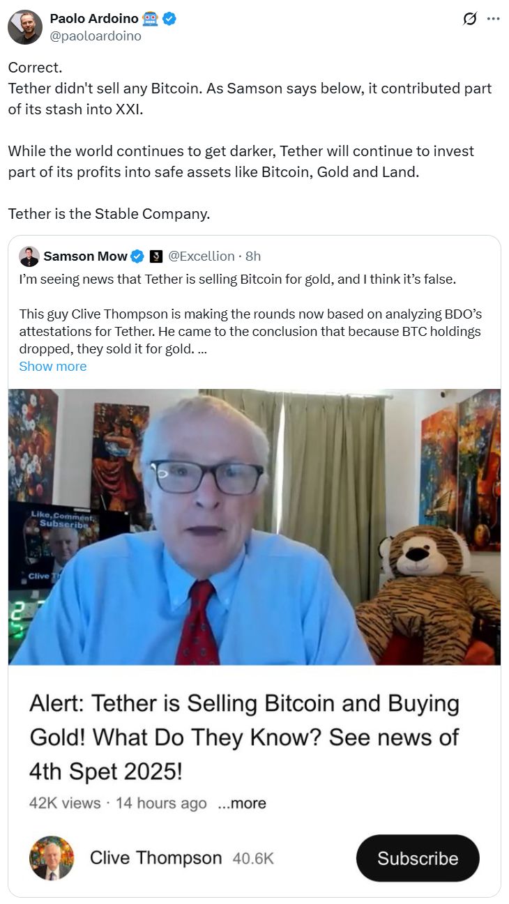 Tether denies Bitcoin sell-off rumors, confirms buying BTC, gold, land image 0