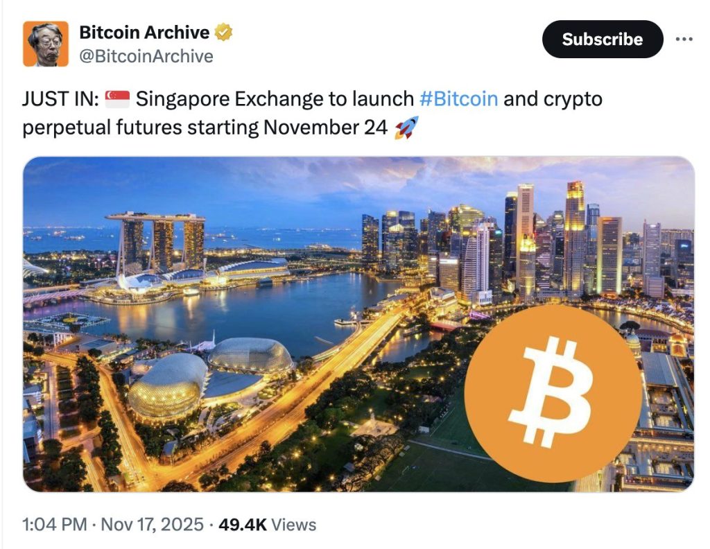 Singapour lance des perpétuels BTC/ETH le 24 novembre : la version régulée des « perps » arrive en Asie image 1