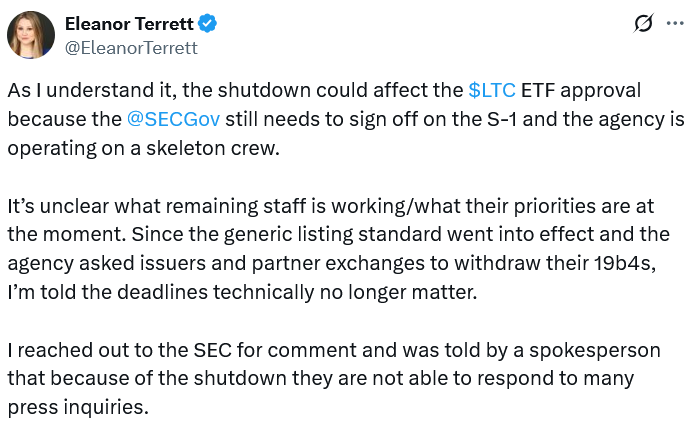SEC мовчить щодо Canary Litecoin ETF на тлі закриття уряду