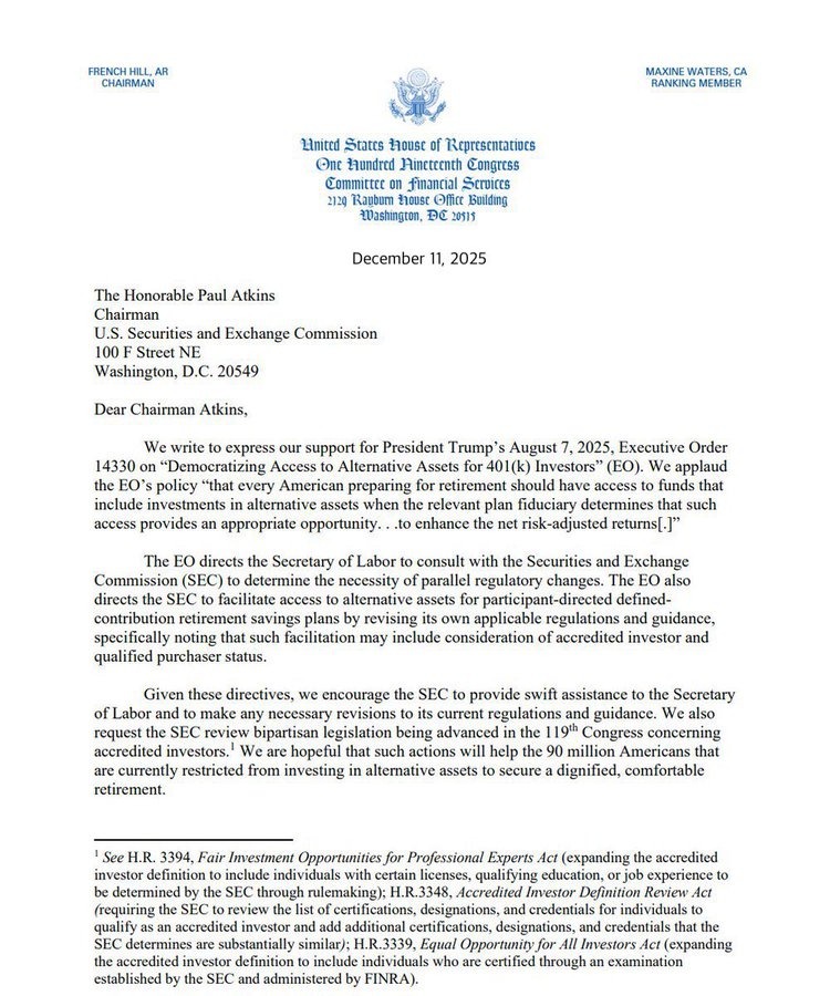 U.S. Lawmakers Push to Let Crypto Into 401(k) Plans, Bitcoin Eye $250,000