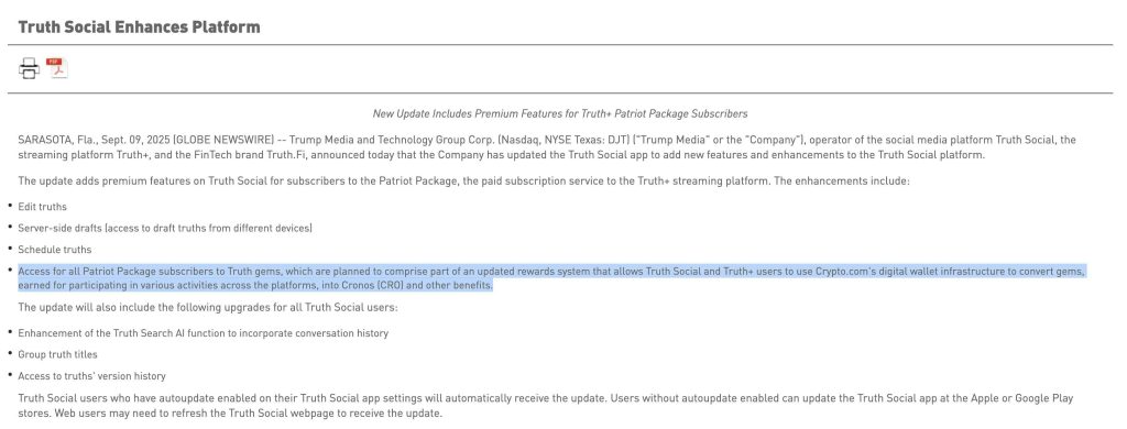 Trump Media choisit Cronos : CRO devient le token officiel de Truth Social image 1
