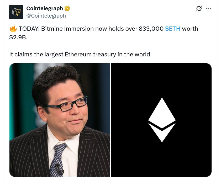 Стоимость активов BitMine в ETH превысила $3 млрд