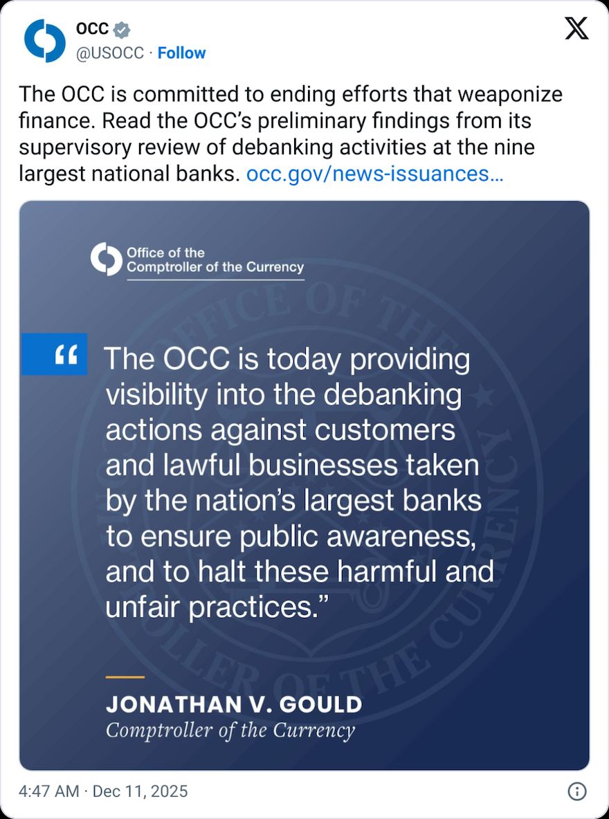 Crypto among sectors âdebankedâ by 9 major banks: US regulator