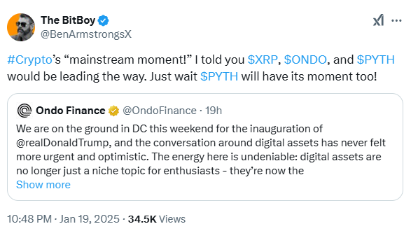 L’investiture de Trump suscite le buzz sur les actifs numériques : $XRP, $ONDO et $PYTH sous les projecteurs image 1