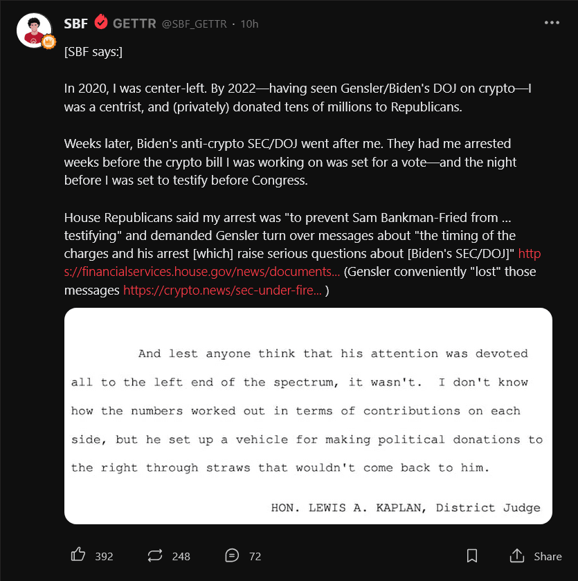 Sam Bankman-Fried 指責拜登政府導致其被捕