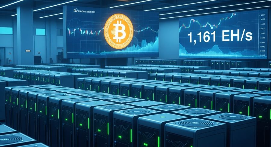 O poder de mineração do Bitcoin dispara para um recorde histórico de 1.161 EH/s, enquanto os mineradores mantêm estratégias firmes em meio à volatilidade dos preços. image 0