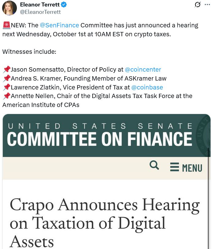 US Senate Finance Committee to discuss crypto tax matters next week