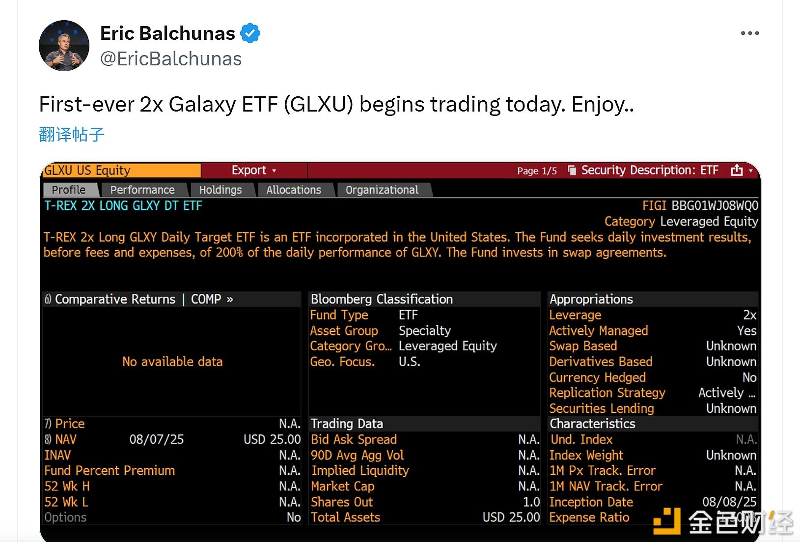 首只2倍做多Galaxy的ETF GLXU今日正式开始交易