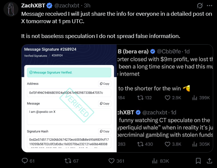 Hyperliquid whale denies cybercrime claims, ZachXBT to release evidence image 5