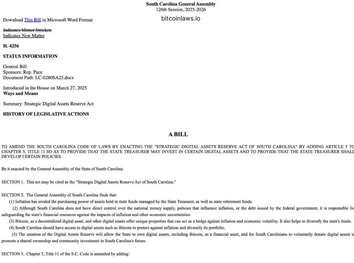 South Carolina considers Bitcoin reserve to protect state assets from inflation image 0