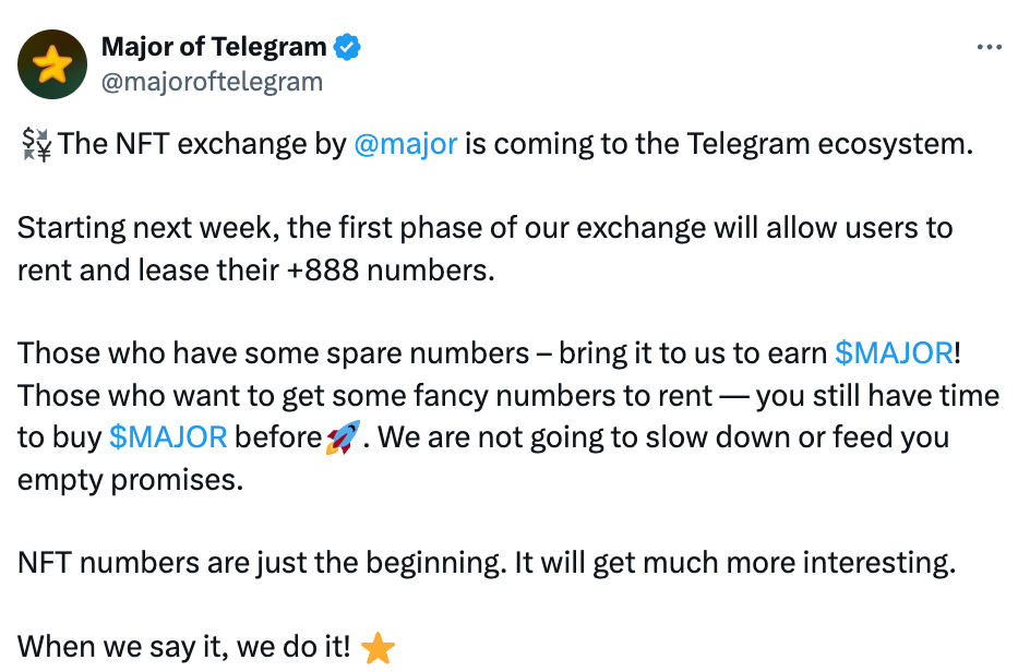 Major的NFT交易所即将登陆Telegram，用户下周起可租赁+888号码 image 0