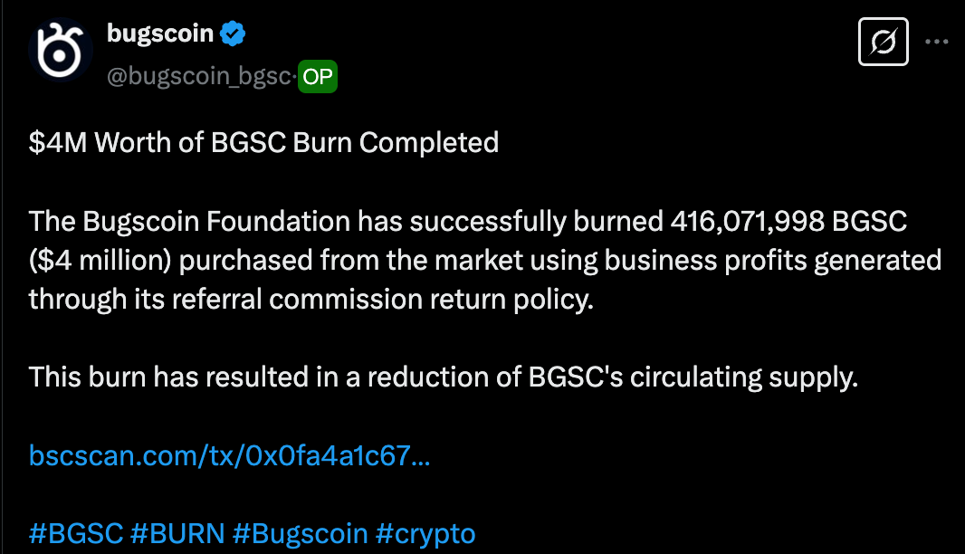 Bugscoin-Stiftung schließt Rückkauf und Verbrennung von BGSC im Wert von 4 Millionen Dollar ab image 0