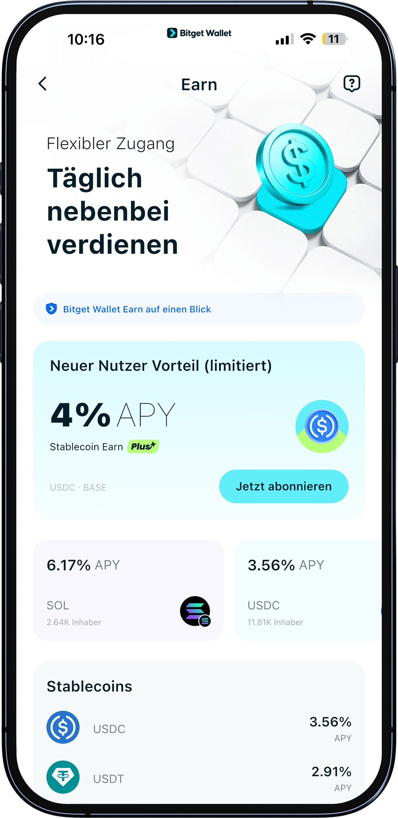 Mit Bitget Wallet verdienen – so sichern Sie sich 2–6 % APY auf Ihre Kryptoassets image 1