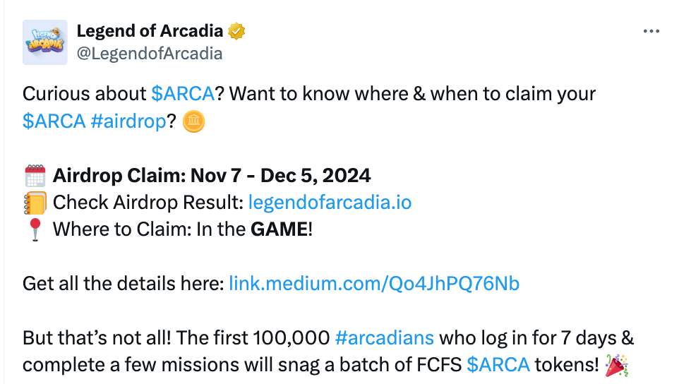 Les 100 000 premiers arcadiens qui se connectent pendant 7 jours et accomplissent quelques missions obtiendront un lot de jetons $ARCA FCFS image 0