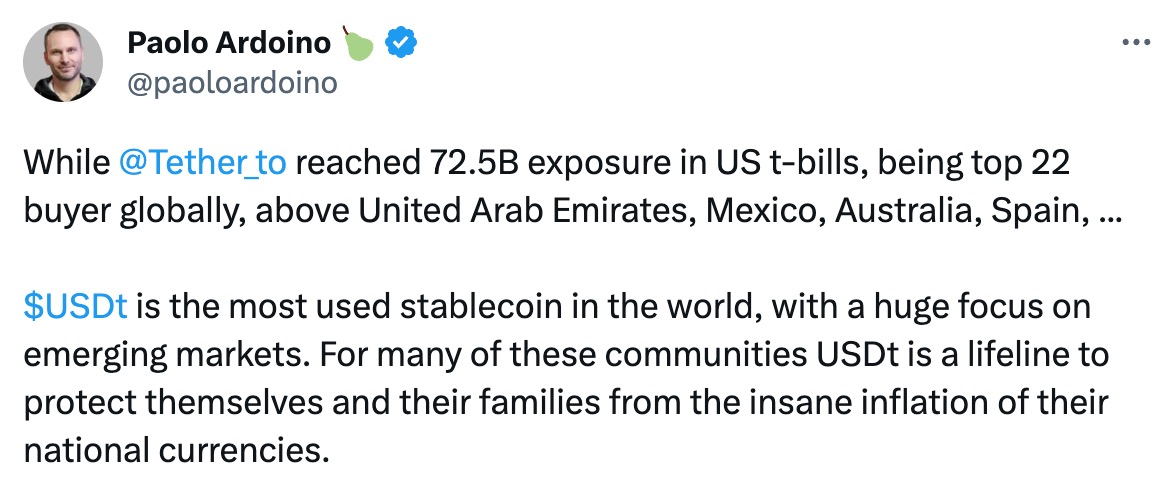 Tether CTO：Tether目前持有美国国债达725亿美元，成为全球第22大持有者 image 0