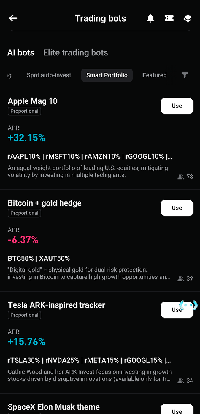 Интеллектуальный портфель Bitget и бот следования за трендом для rToken акций США
