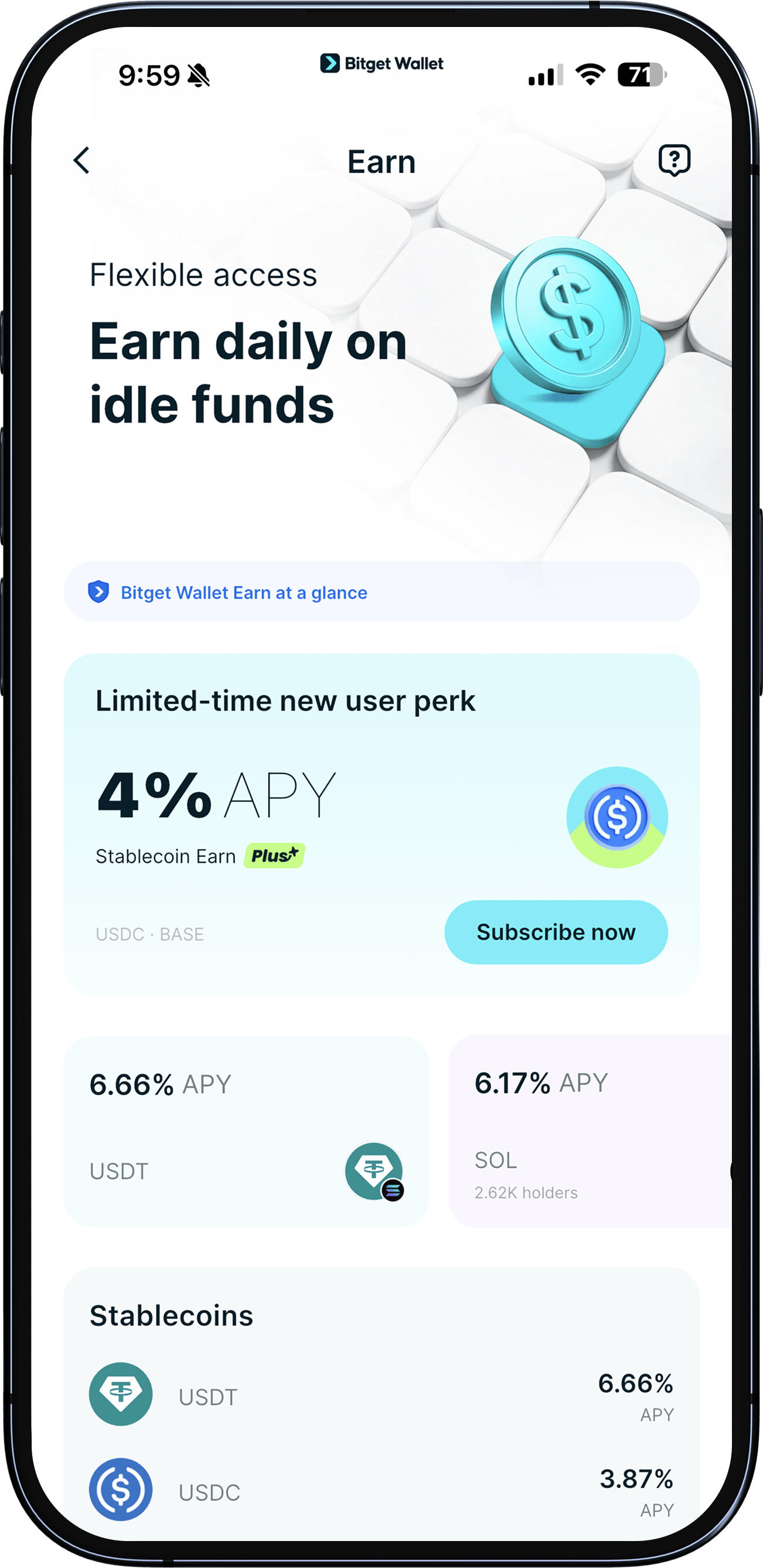 اربح مع Bitget Wallet - كيفية تأمين فائدة سنوية بنسبة 2%–6% على عملاتك المشفرة image 1