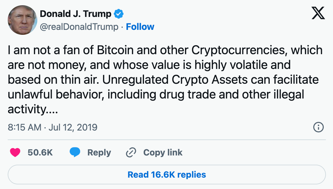 Trump cites merchandise sales in apparent bitcoin U-turn image 0