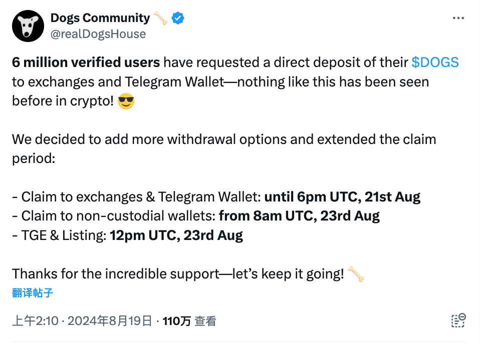 6 milyong beripikadong gumagamit ang humiling ng direktang deposito ng kanilang $DOGS sa mga palitan at Telegram Wallet