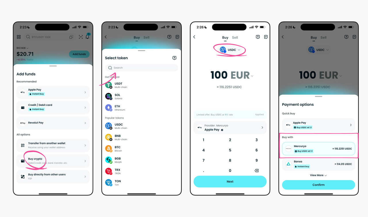 How to Buy USDC/USDT via Bitget Wallet via Mercuryo with 0% Fees image 1