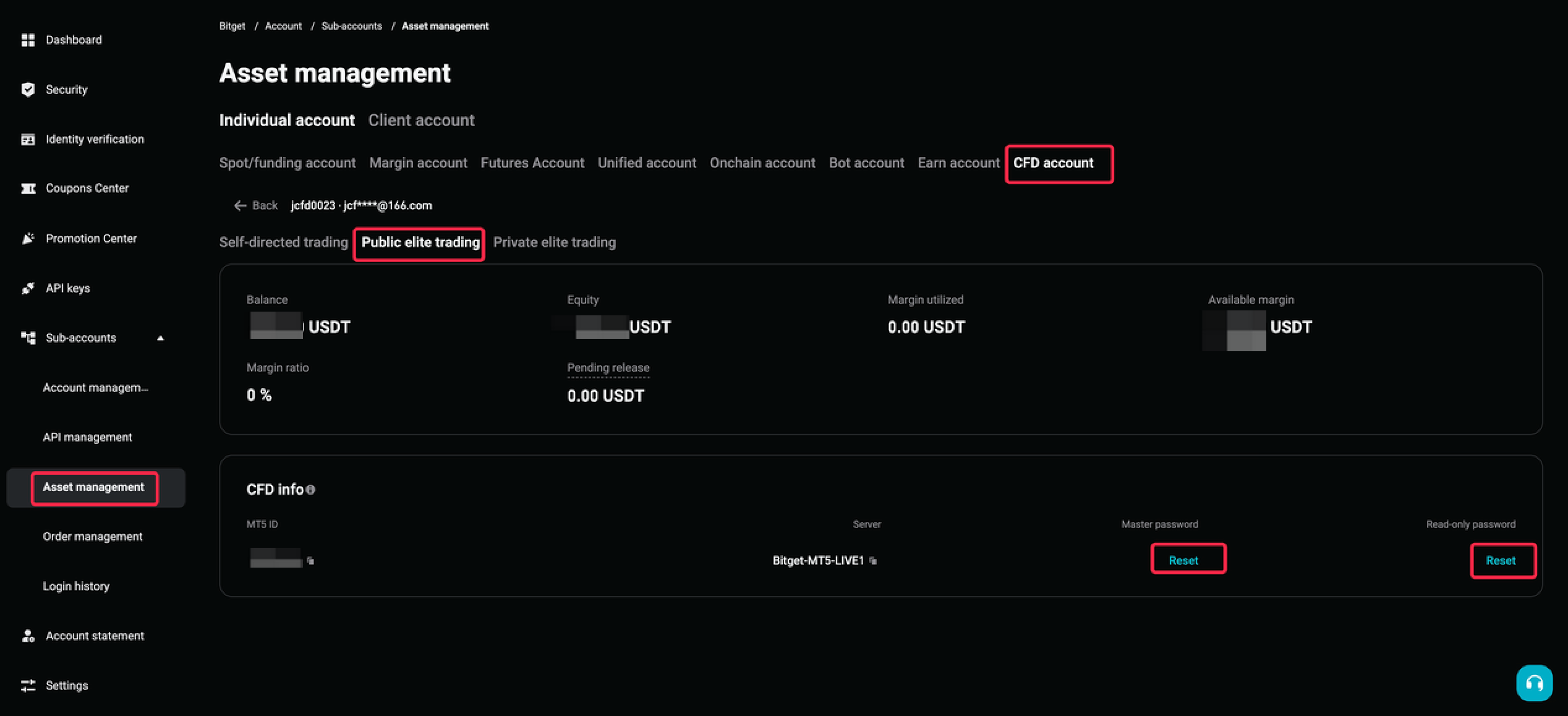 Mga Detalye ng CFD Elite Trading MT5 Account ng Sub-Account at Pag-reset ng Password