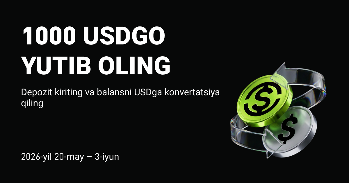 1000 USDGO oling: depozit kiriting va balansni USDga konvertatsiya qiling