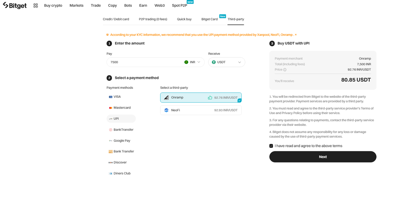 Onramp Money: How to buy crypto with MXN via bank transfer on Bitget image 1